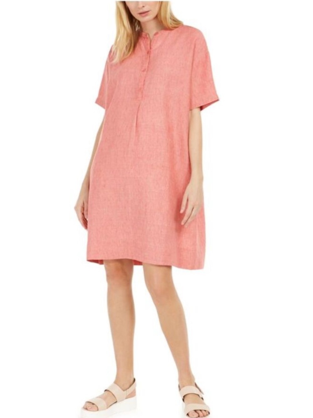 Eileen Fisher Coral Organic Linen Short Sleeve Shift Dress